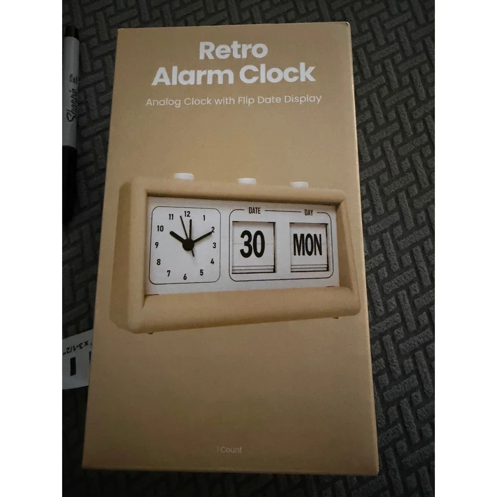 Retro Analog Alarm Clock with Flip Date Display Tan Beige Vintage Style NEW